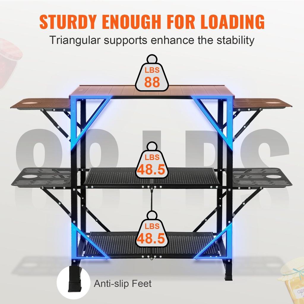 Camping Kitchen Table, One-piece Folding Portable Cook Station with A Carrying Bag, Aluminum Camping Table 4 Iron Side Tables & 2 Shelves, Ideal for