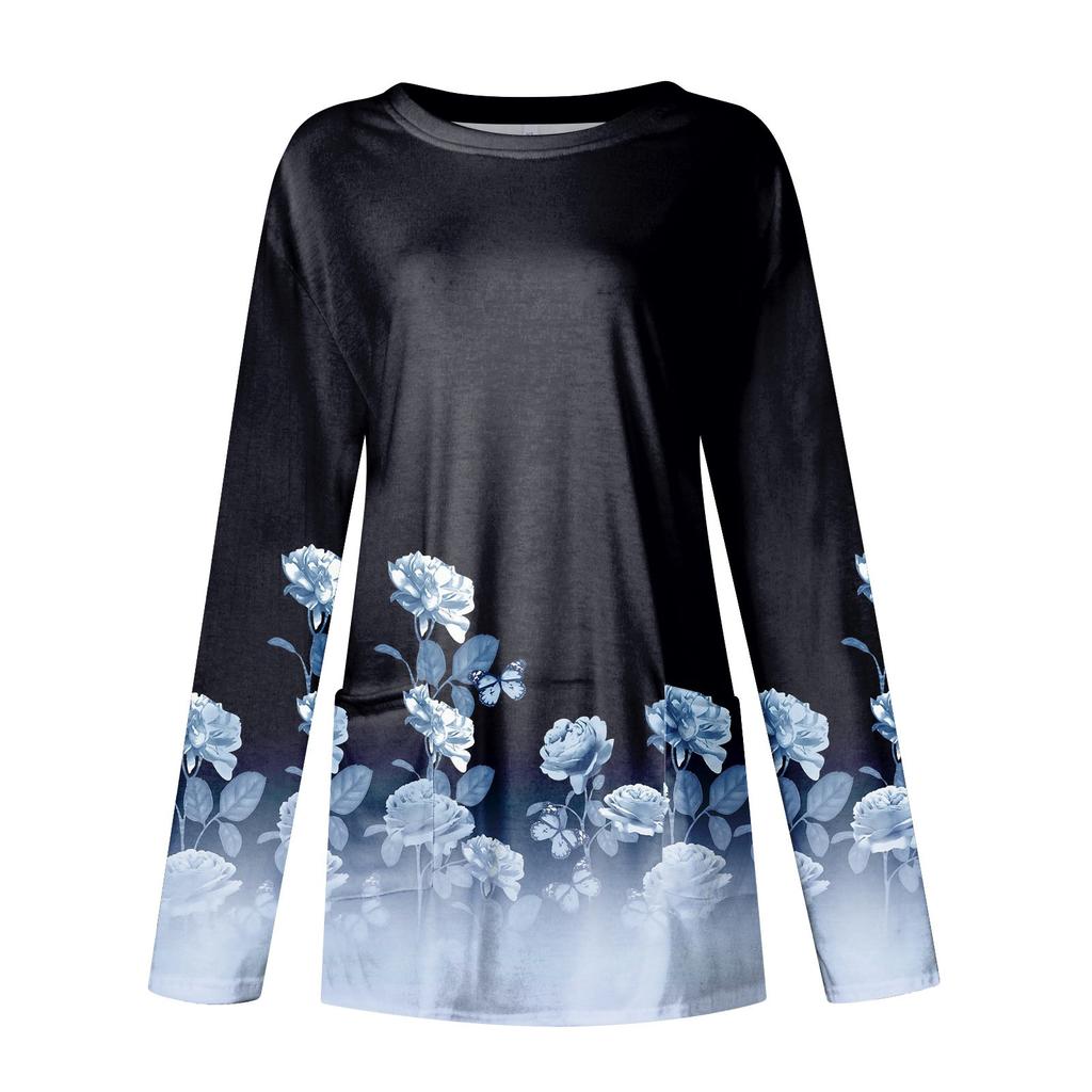 Women's Casual Pullover Tunic Top Long Sleeve Crew Neck Pocket Floral Leaf Print Vintage Style Shirt for Daily Wear