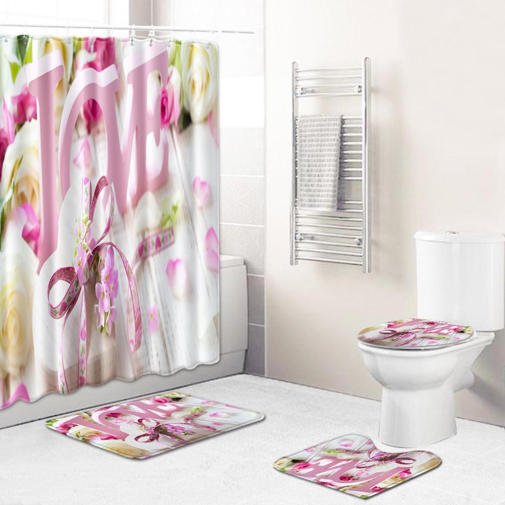 Love Valentine'S Day Shower Curtain Floor Mat Four-Piece Set Bathroom Non-Slip Door Mat Bedroom Carpet