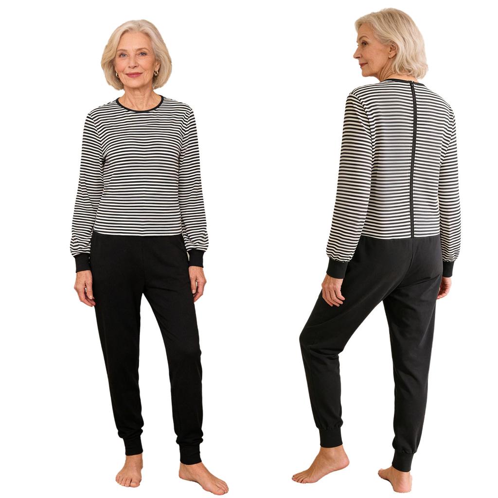 S-XXL Damen Ältere Alzheimer Pflege Gestreifter Overall Langarm Reißverschluss hinten und an den Beinen Anti-strip Body für besondere Pflegebedürfnisse