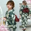 RAVIR Yukata Deep Beige with Floral Classic Japanese Fluffy Obi and Geta One Size Fits All Women's 3-Piece Set, Print, Style, Belt, Sandals, Green,