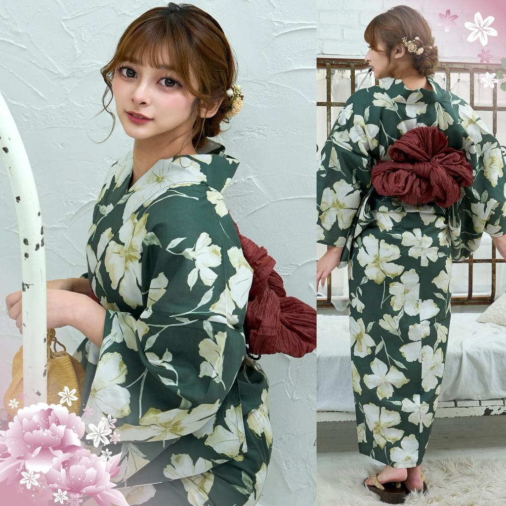 RAVIR Yukata Deep Beige with Floral Classic Japanese Fluffy Obi and Geta One Size Fits All Women's 3-Piece Set, Print, Style, Belt, Sandals, Green,