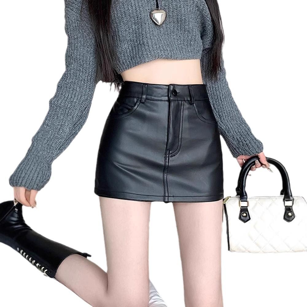 Women's 2024 PU Leather Black Midi Skirt - High Waist, Bodycon, A-Line, Sexy, Slimming, Autumn/Winter Collection