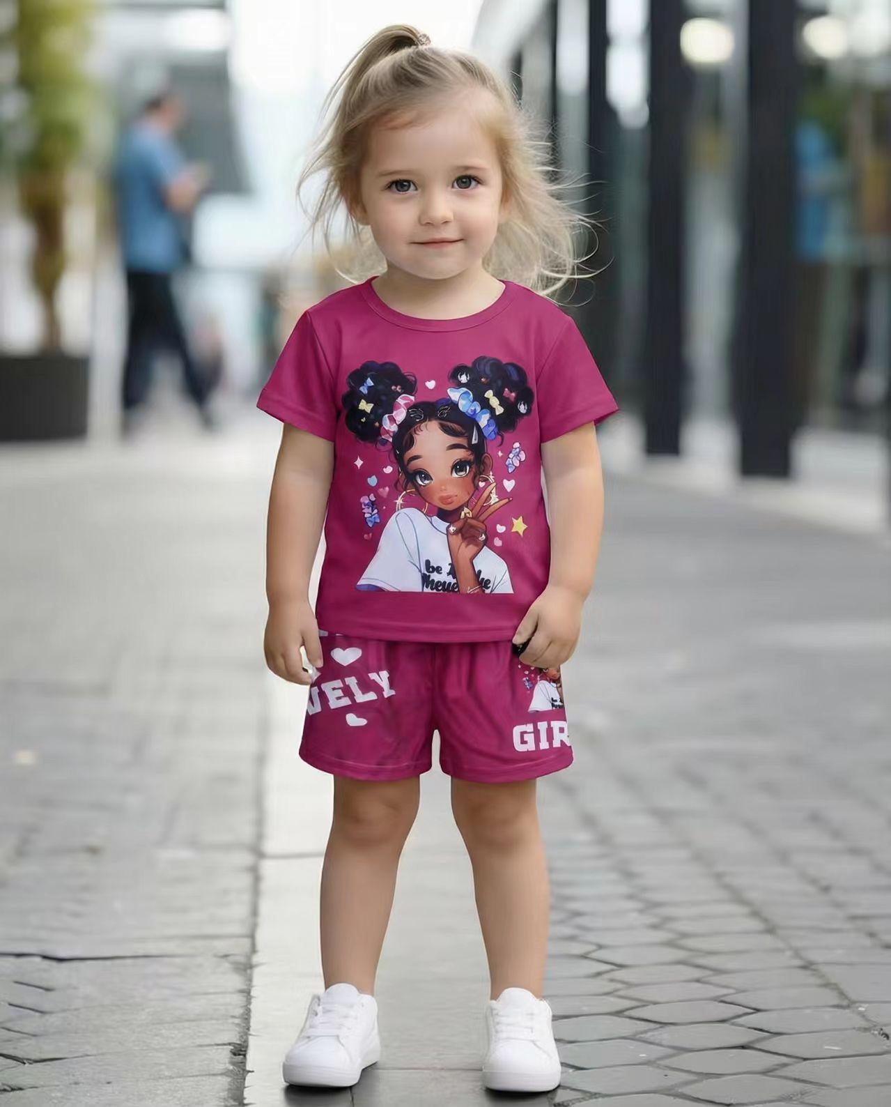 

Toddler Girls Cute Cartoon Girl Print 2-Piece Outfit, Summer Rose Red Casual Clothes for Kids, Perfect for Playwear & Outdoor 1-2Y