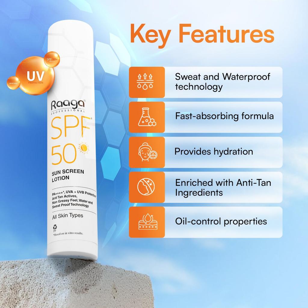 Raaga Professional SPF 50 Sunscreen Lotion PA++++ UVA UVB Protection Non-Greasy Water Proof 55 Ml