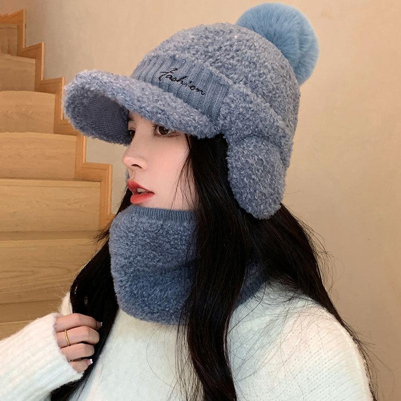 Letter Embroidery Plush Ear Protector Cap Women's Autumn and Winter Scarf Cover Cycling Warm Skiing Knitted Wool Cap