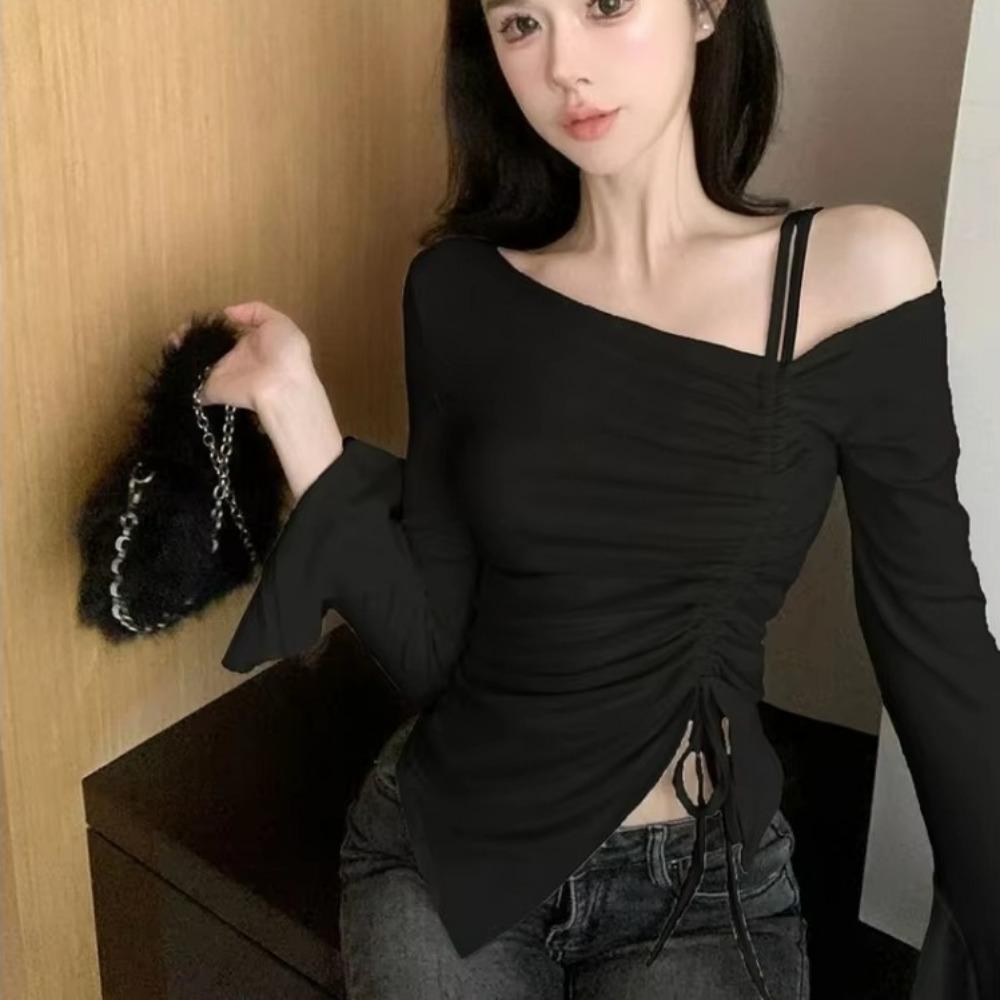 VAYLA Spring Autumn Flare Sleeve T Shirts Women Solid Bodycone Basic Long Sleeve Crop Tops Casual Shirring Off-shoulder Tees