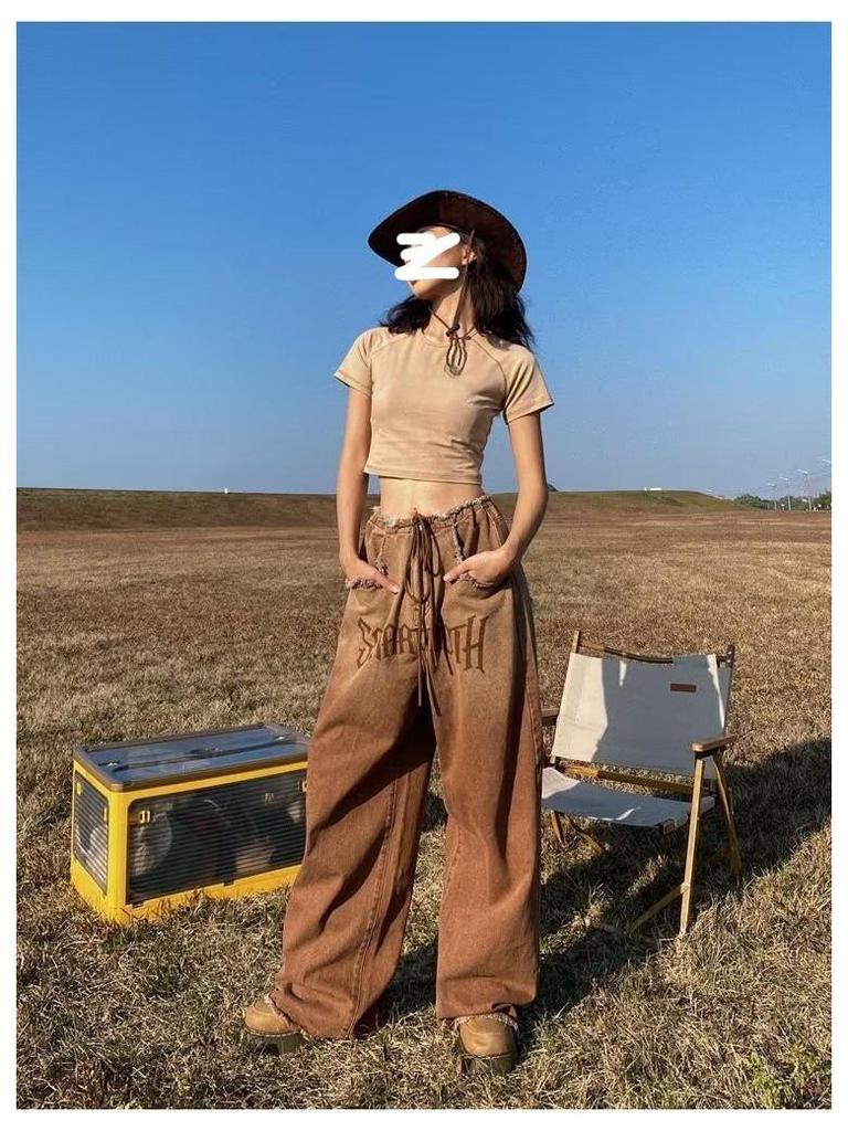 Women's American Retro Gradient Jeans: Large Size, Slim, Wide-Leg, Raw Edge Design for Spring and Autumn