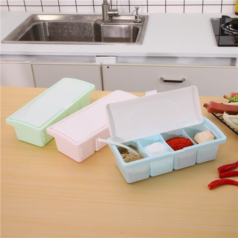 Scatola porta aromi multifunzionale in plastica con sale, glutammato monosodico, divisore da cucina con cucchiaio e coperchio, contenitore per condimenti