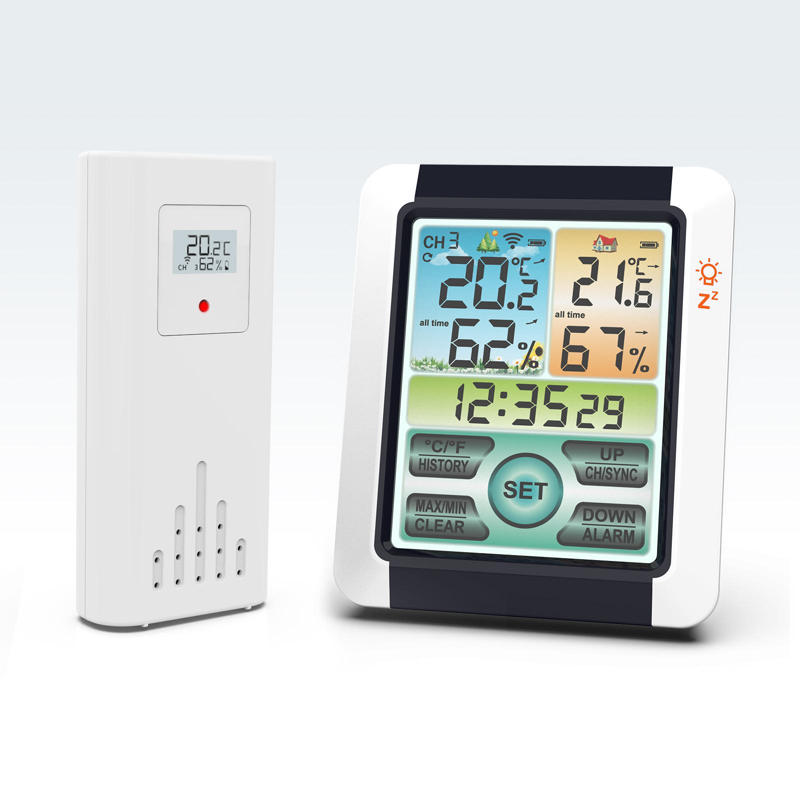 1 Set Indoor and Outdoor Wireless Temperature And Humidity Meter Color Large Screen Weather Clock LCD Touch Screen Display