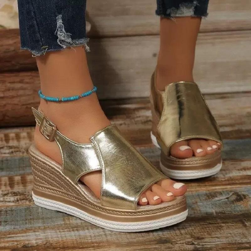 Summer Plus Size Sandals Women's New Open Toe Wedge Heel Thick Soled Sandals Fashionable European and American Beach Sandals