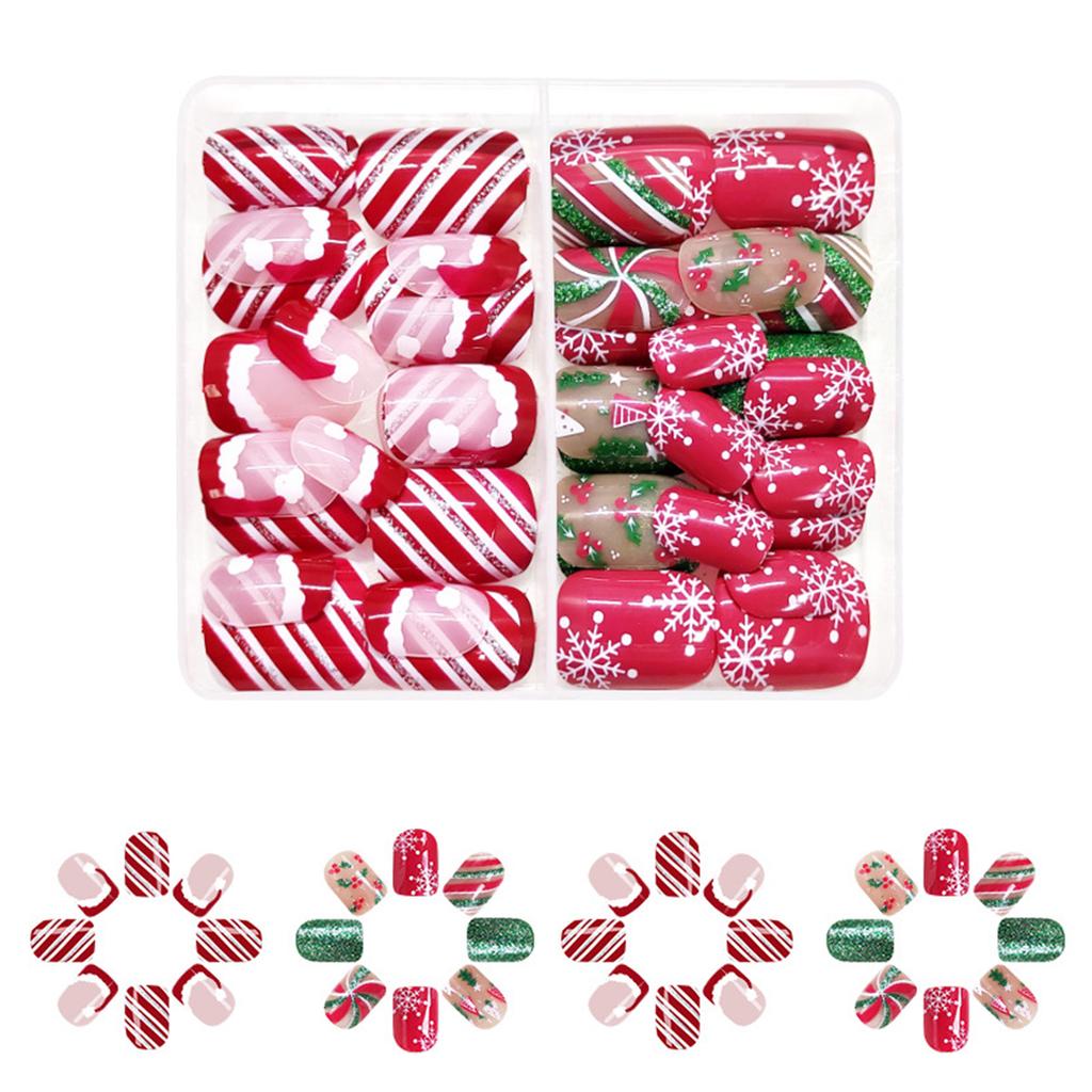 Christmas Full Cover Stick On Nails Lines Press On Nails Short Square False Nails Glittering Artificial Nails for Winter