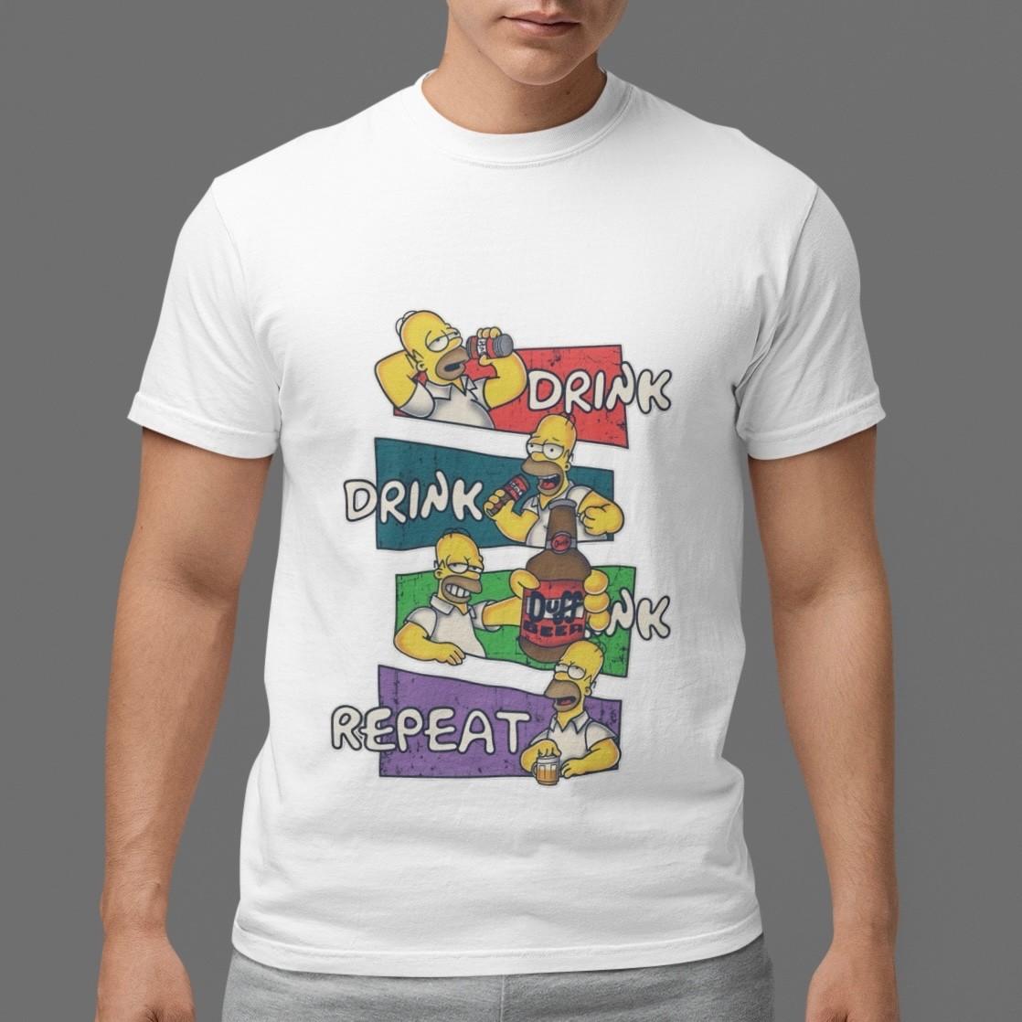 Homer Simpson T-Shirt Funny Beer Graphic Tee Drink Repeat Duff Retro Cartoon Top XL