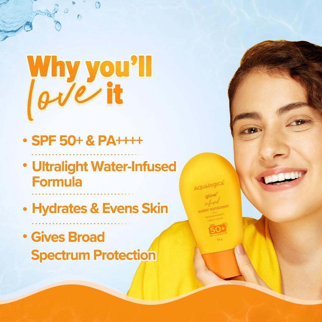 Aqualogica Glow+ Infused Water Sonnenschutz LSF 50+ PA++++ Für Alle Hauttypen 50G Packung mit 1 Leichte Feuchtigkeitsspendende