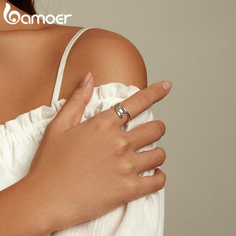 Bamoer Genuine 925 Sterling Silver Moonstone Cat Open Ring for Women New Trendy Girl Ring Women Statement Jewelry Exqusite Gift