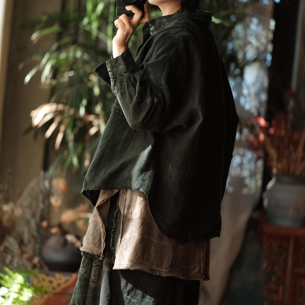 Luo Gu Ni Women's Artistic Retro Green Linen Blend Shirt SB2966