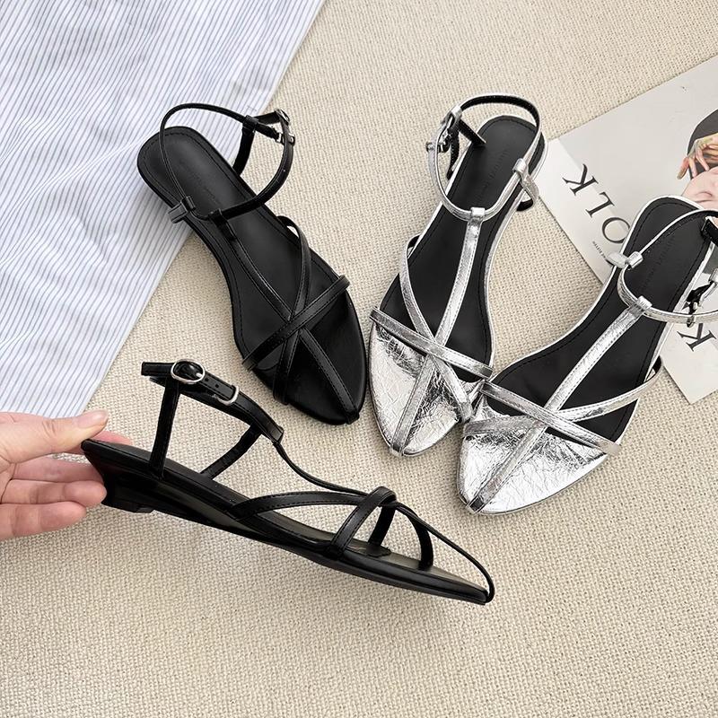 Roman Sandals Women's 2025 Summer New Low-heeled Pointed French Silver Temperament with Skirt Fashionable Cross-strap