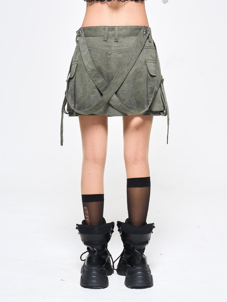 YEEL Cross Strap Cargo Skirt Khaki