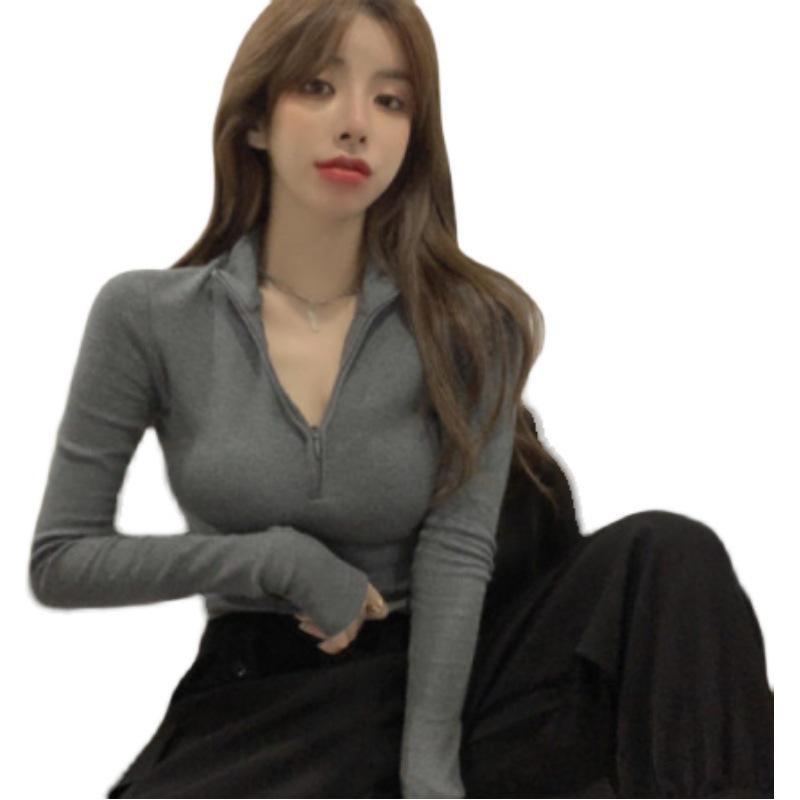 Chic V-Neck Half-Zip High-Waisted Women's Autumn/Winter Top
