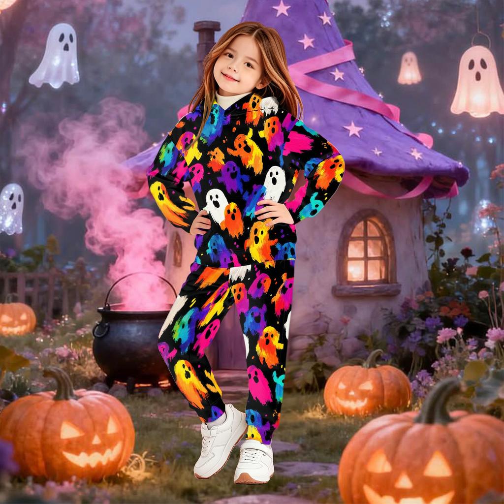 Kids Hoodie Set with Halloween Print – Long Sleeve Pullover and Pants for Boys Girls Holiday Party