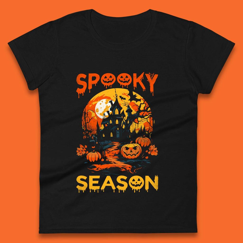 Spooky Season Happy Halloween Full Moon Dark Night Haunted House Womens Tee T Shirt Mens Tops Unisex Top