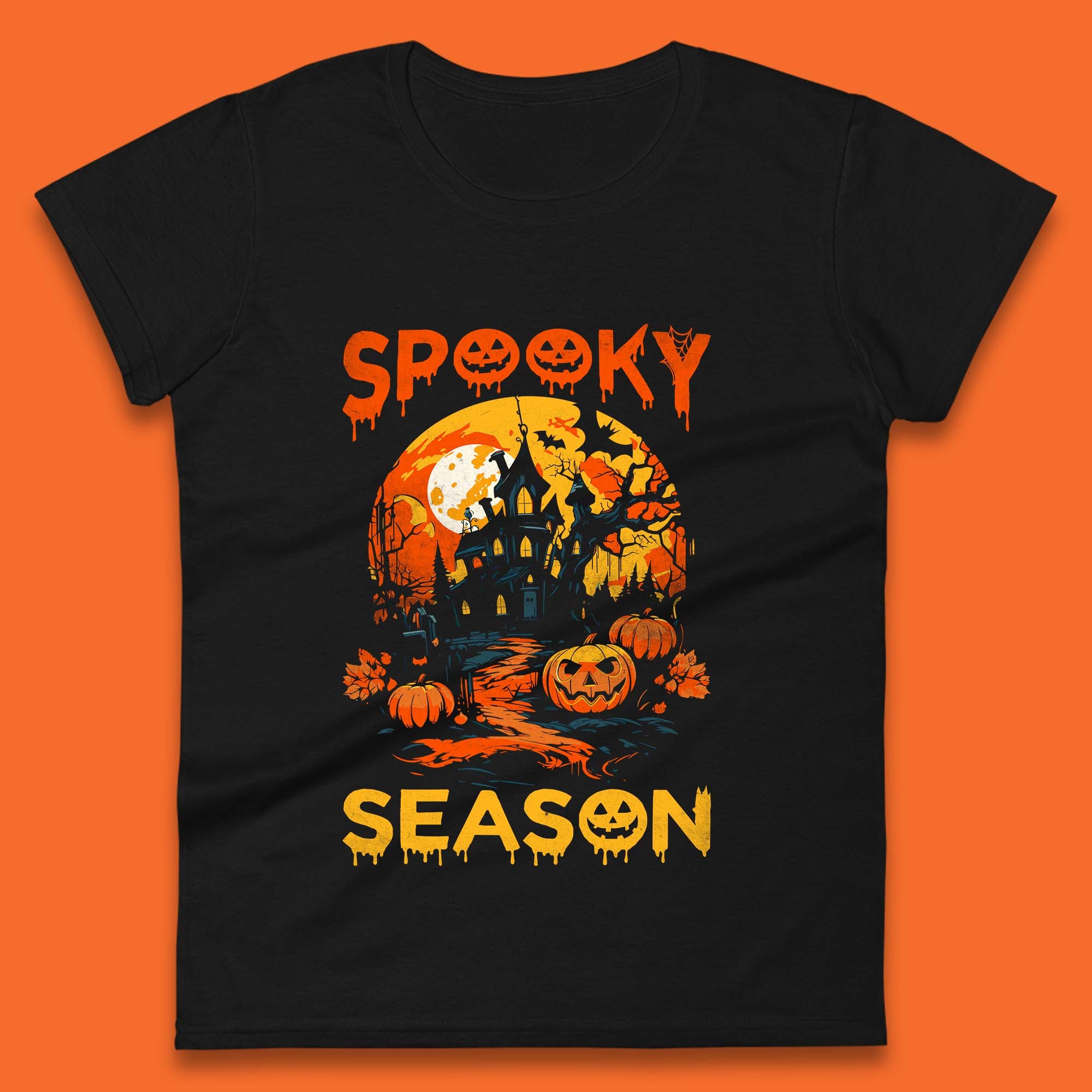 

Spooky Season Happy Halloween Full Moon Dark Night Haunted House Womens Tee T Shirt Mens Tops Unisex Top S