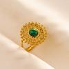 Green Striped Stone Vintage Gold Color Stainless Steel Open Adjustable Rings For Women Men Accessories Finger Jewelry Sun Flower