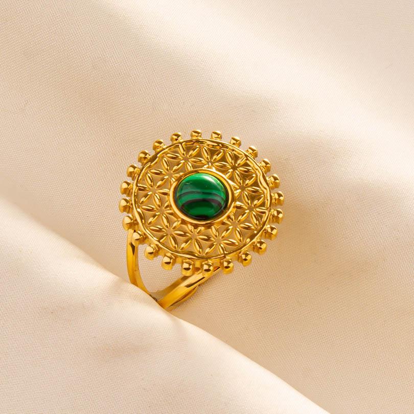 Green Striped Stone Vintage Gold Color Stainless Steel Open Adjustable Rings For Women Men Accessories Finger Jewelry Sun Flower