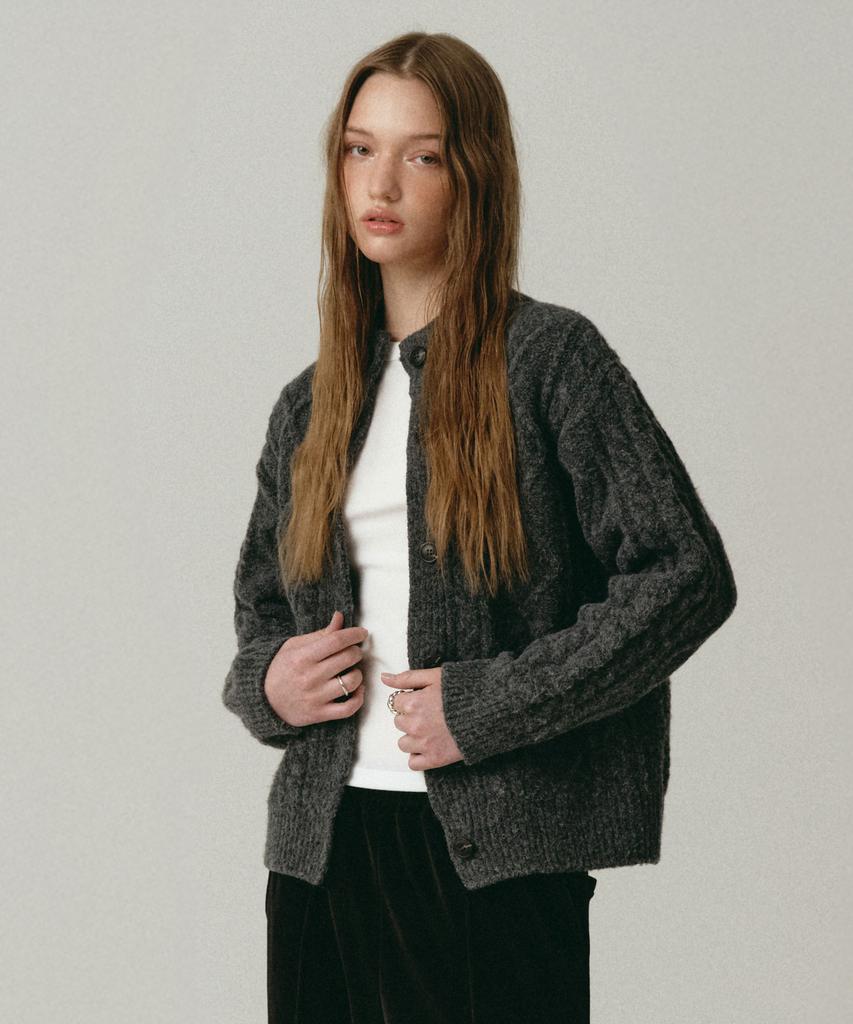 LOSSYROW Chunky Cable Knit Cardigan Charcoal