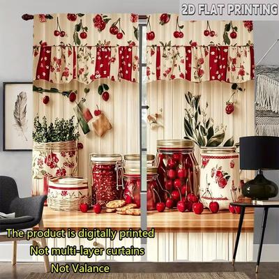 Set Of 2 Little Cherry Print Curtains Suitable Bedroom Living Room Kitchen Decoration Home Window Curtain Polyester Perfect For Sitting