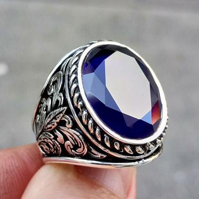 Nuovo Anello con Pietra Blu Intarsiata, Gioielli Incisi Retrò Europei e Americani da Donna