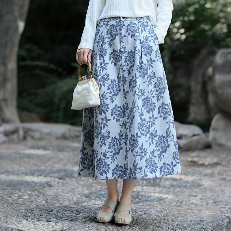 

Johnature Women Vintage Jacquard Skirts Button Fly Floral Autumn Pockets Chinese Style A-Line Skirts XXL синій