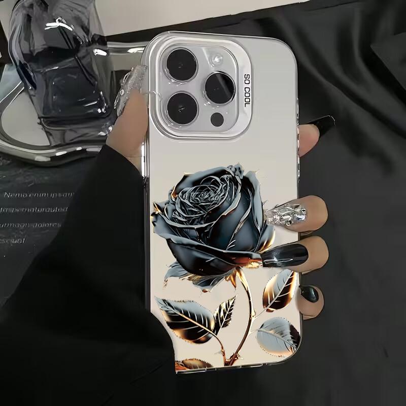 Premium Black & Gold Rose Art Phone Case for iPhone 17 16 15 14 13 12 11 Series Pro Max Plus Double Layer Protection