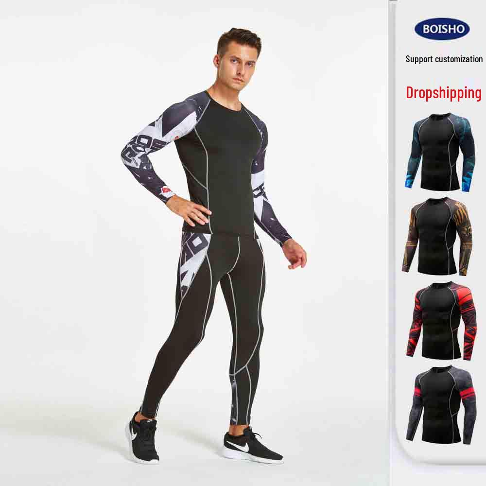 Men's European & American Long-Sleeve Quick-Dry Elastic Fitness T-Shirt
