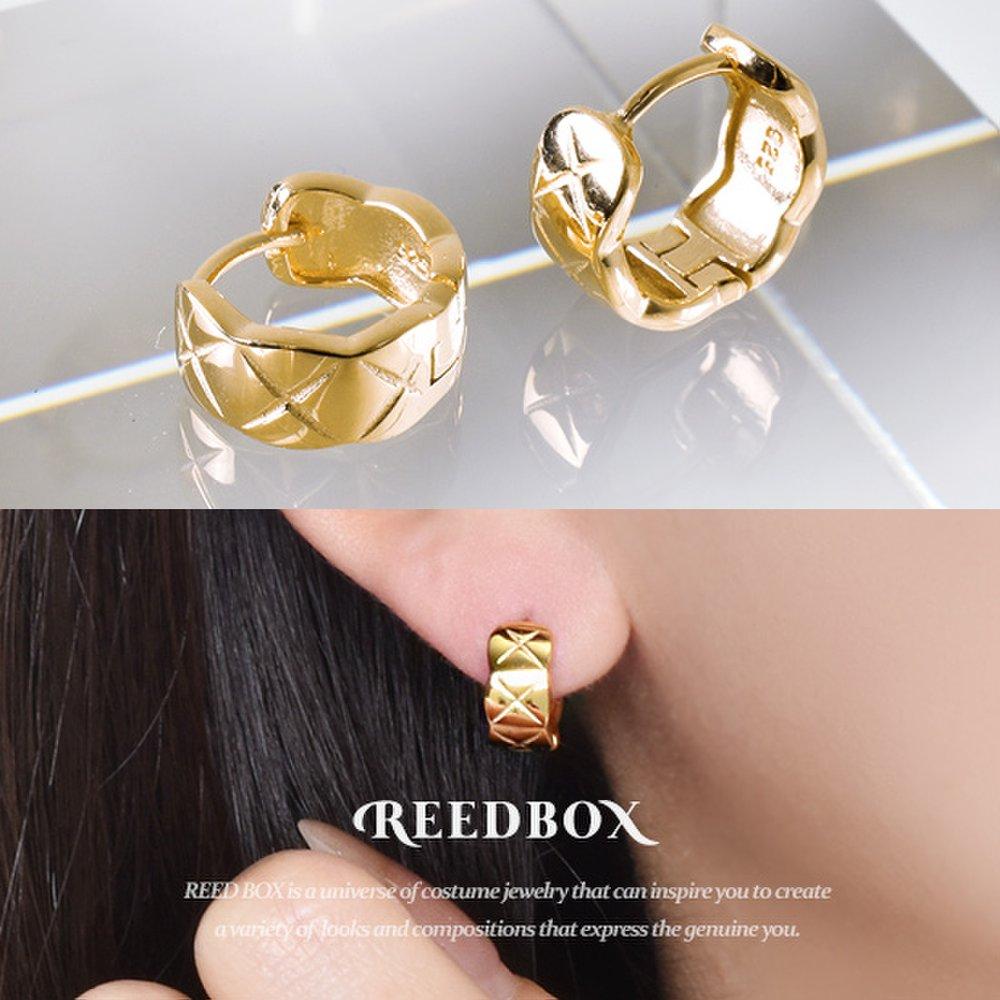 Silver 18K Bold Volume Cushion Quilted Waffle One-Touch Ring Earrings