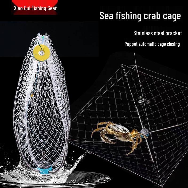 Automatic Retractable Crab Trap: Weighted Steel Wire Cage for Sea, River, and Swimming Crabs; Opens and Closes Easily.