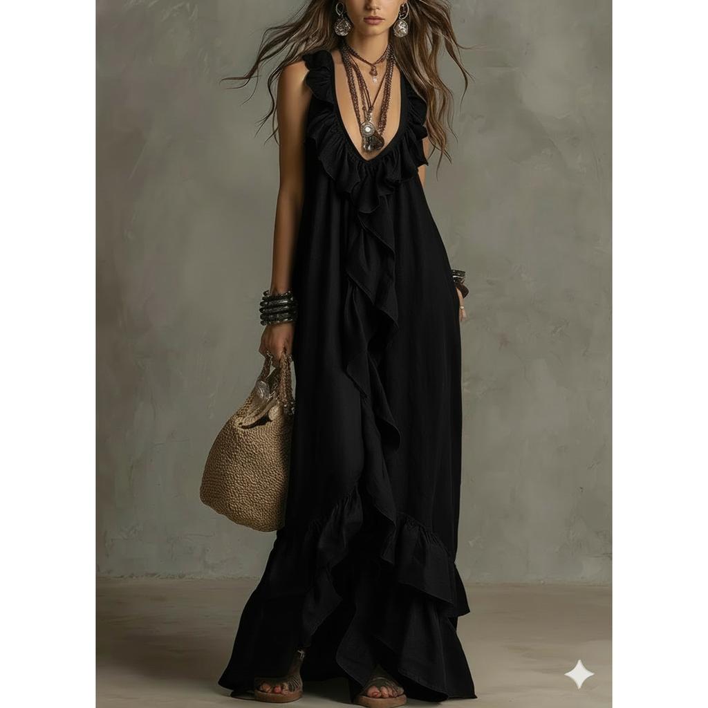 Sexy Deep V Neck Ruffle Loose Long Dresses Woman Spring Casual Solid Party Maxi Dress Summer Sleeveless Vacation Beach Dress