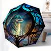 Wolf Window Art: Magical Night Wildlife Decor" Umbrella, Portable 3 Fold Compact Umbrella for Men & Women,S119