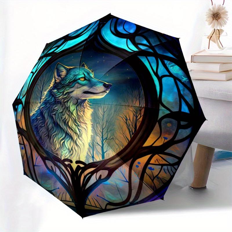 Wolf Window Art: Magical Night Wildlife Decor" Umbrella, Portable 3 Fold Compact Umbrella for Men & Women,S119