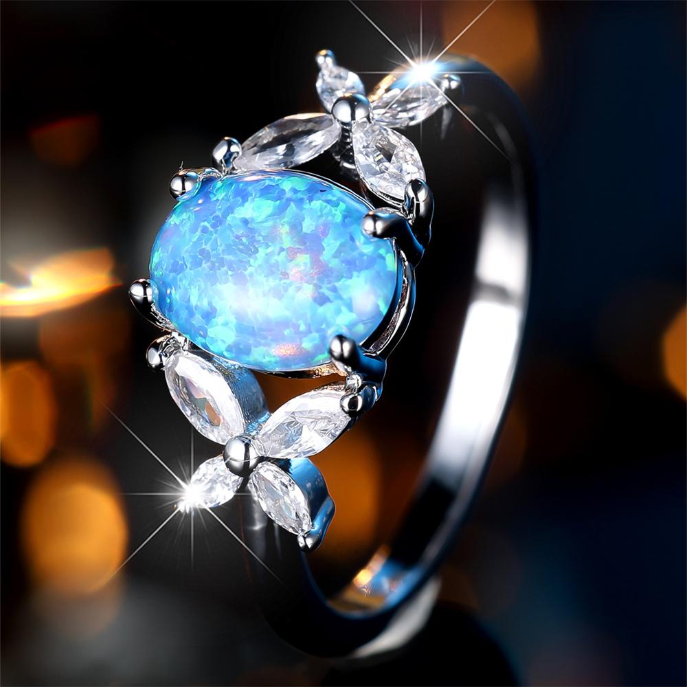 Blauer Opal Niedliche Eiform Steinringe Für Frauen Weißer Zirkon Vintage Silberfarbe Verlobung Versprechensringe Braut Hochzeits Schmuck