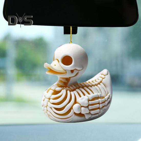 Skeleton Duck Car Mirror Hanging Ornament Cute Cat Charm Keychain Pendant Acrylic Rearview Mirror Accessories for Women Girls Halloween Decoration