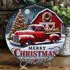 Vintage Red Truck Metal Christmas Wall Sign 8 Inch Round Waterproof Holiday Home Decor Hanging Plaque