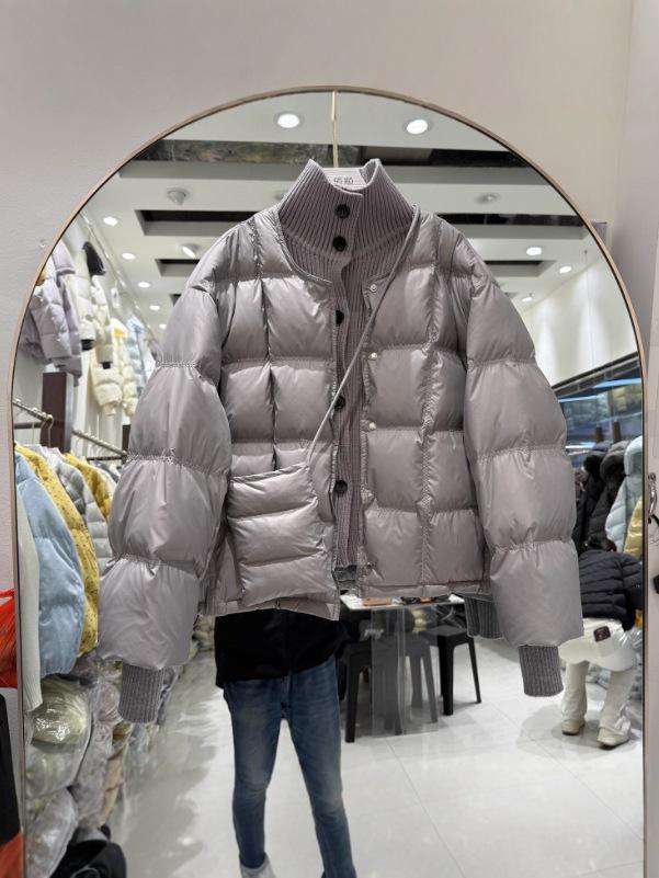 Korean Style Women's Stand Collar Short Down Jacket - Patchwork Knit, Warm and Versatile Winter Coat