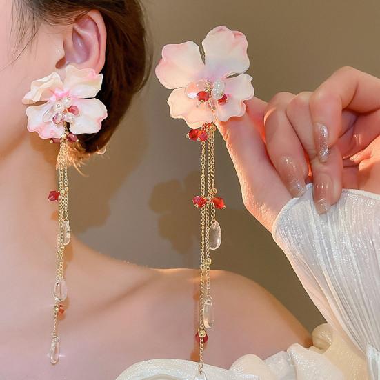 1 Pair Drop Earrings Bright Color Fabric Flower Rhinestones Tassel