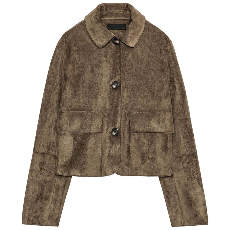 

Zaprha 2025 Autumn New All-Match Suede Effect Lapel Long sleeve Crop jacket Outerwear 4968224 Khaki L