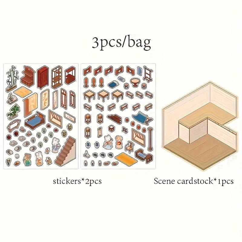 Mini 3D Szenen Sticker Pack Kawill Cartoon Tier Retro Chinesischer Innenhof Teich Arbeitszimmer Szene Sticker DIY Szenen Sticker