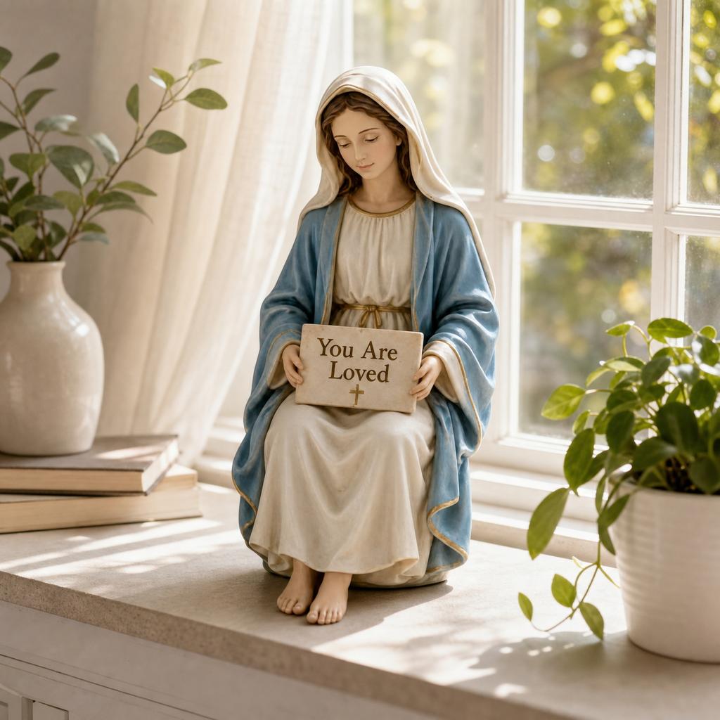 Náboženská figurka Socha Panny Marie držící nápis Jsi milován Dekorativní socha pro domácnost a kancelář