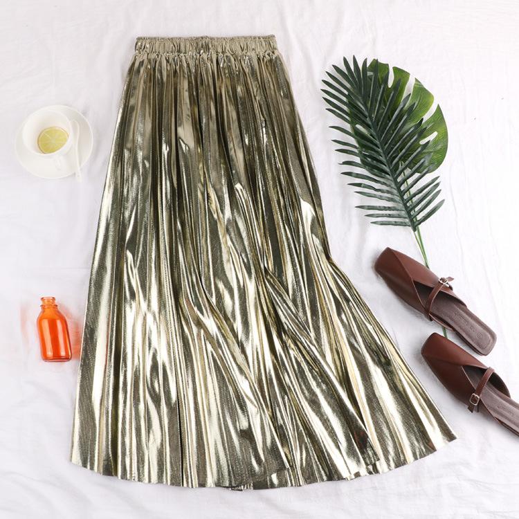 Bust Skirt Autumn New Thin High Waist Versatile Metal Reflective Medium and Long A Word Pleated Skirt Women