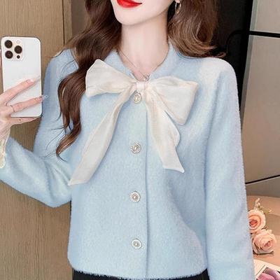 French Chic Faux Mink Velvet Bow Jacket - Women's Autumn/Winter Knit Cardigan