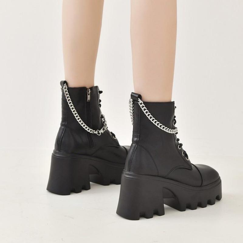 Outer size large size short boots women's autumn new thick-soled thick heel lace-up short boots women's explosion